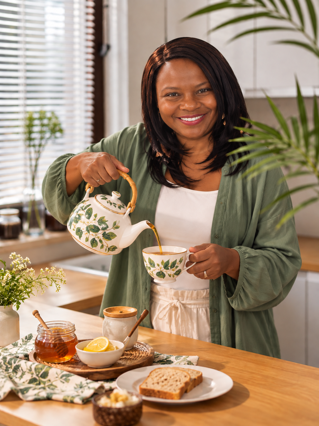 A woman with dark hair wearing a green shirt pouring tea from a patterned teapot into a matching teacup in a bright kitchen.
