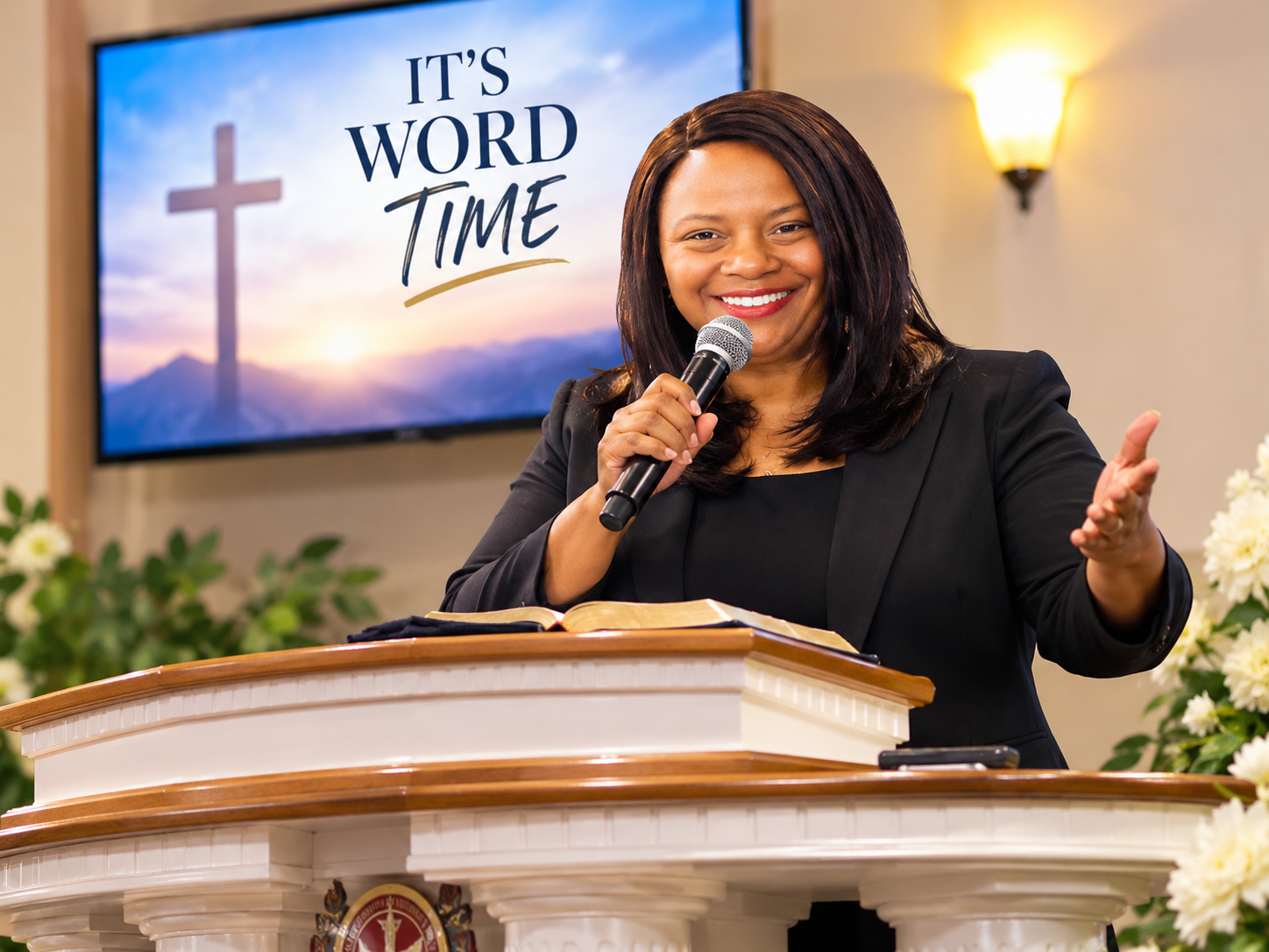 A woman speaking at a church podium, smiling, with a microphone in her hand. Behind her is a screen with a cross and the words "IT'S WORD TIME."