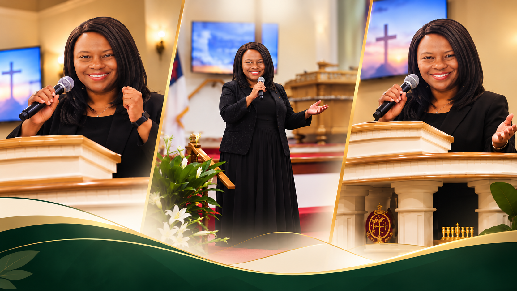A woman speaking at a church podium and in the center, in a different part of the church, speaking to the congregation.