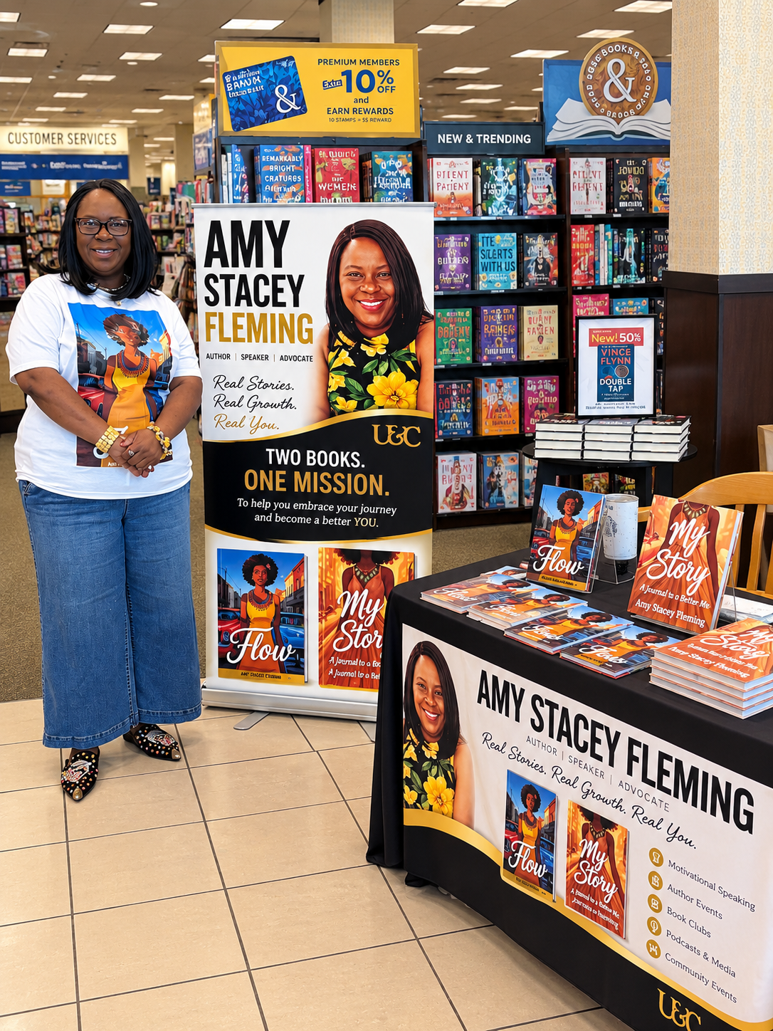 Author Amy Stacey Fleming standing next to a promotional display of her books at a book signing event in a bookstore. The display features images of her books "Flow" and "My Story" and her photo.