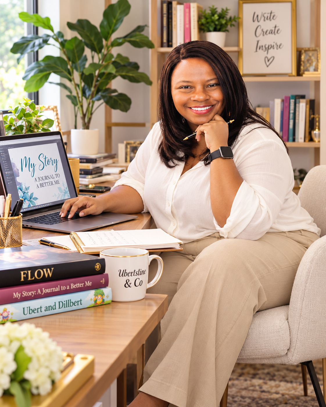 A woman sitting at a desk with a laptop, smiling, holding a pen in her hand, surrounded by books and plants in a well-lit home office. The computer screen shows a journal titled 'My Story, A Journal to a Better Me,' and a framed art print behind her reads 'Write Create Inspire.'