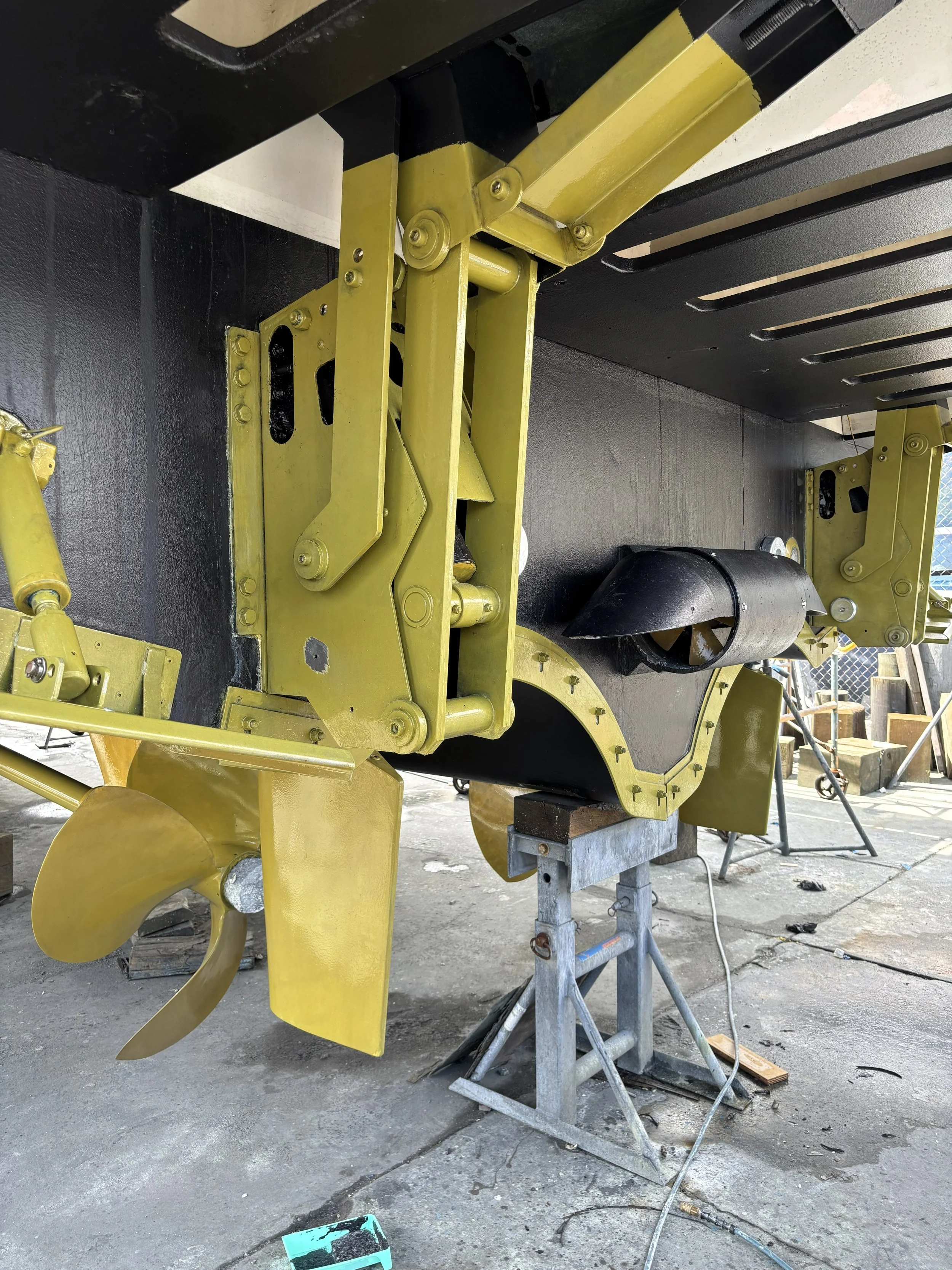 Close-up of a boat propeller with Prop Speed and running gear being