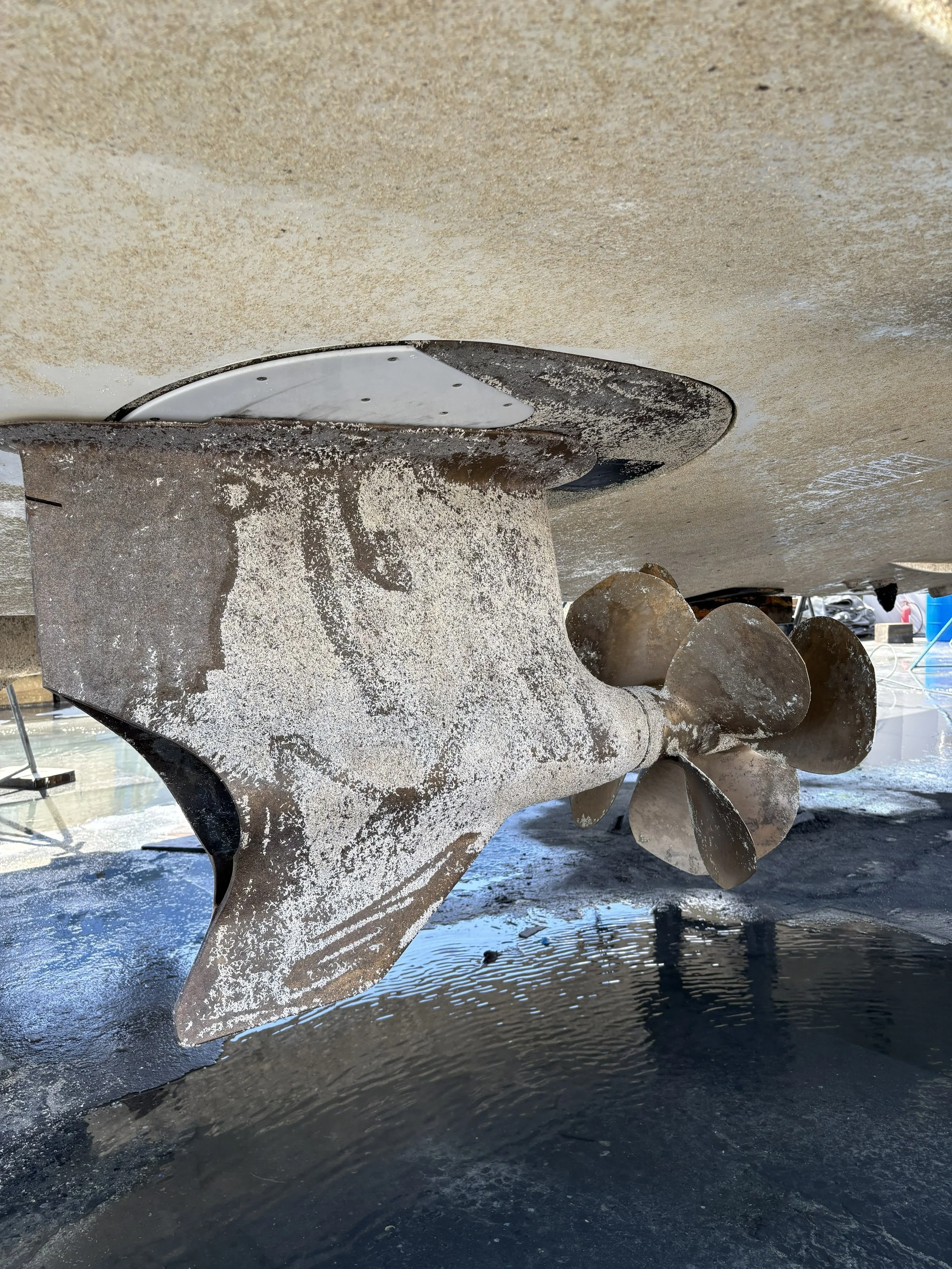Close-up of a boat's propellers submerged in water, with visible dirt and grime on the blades.