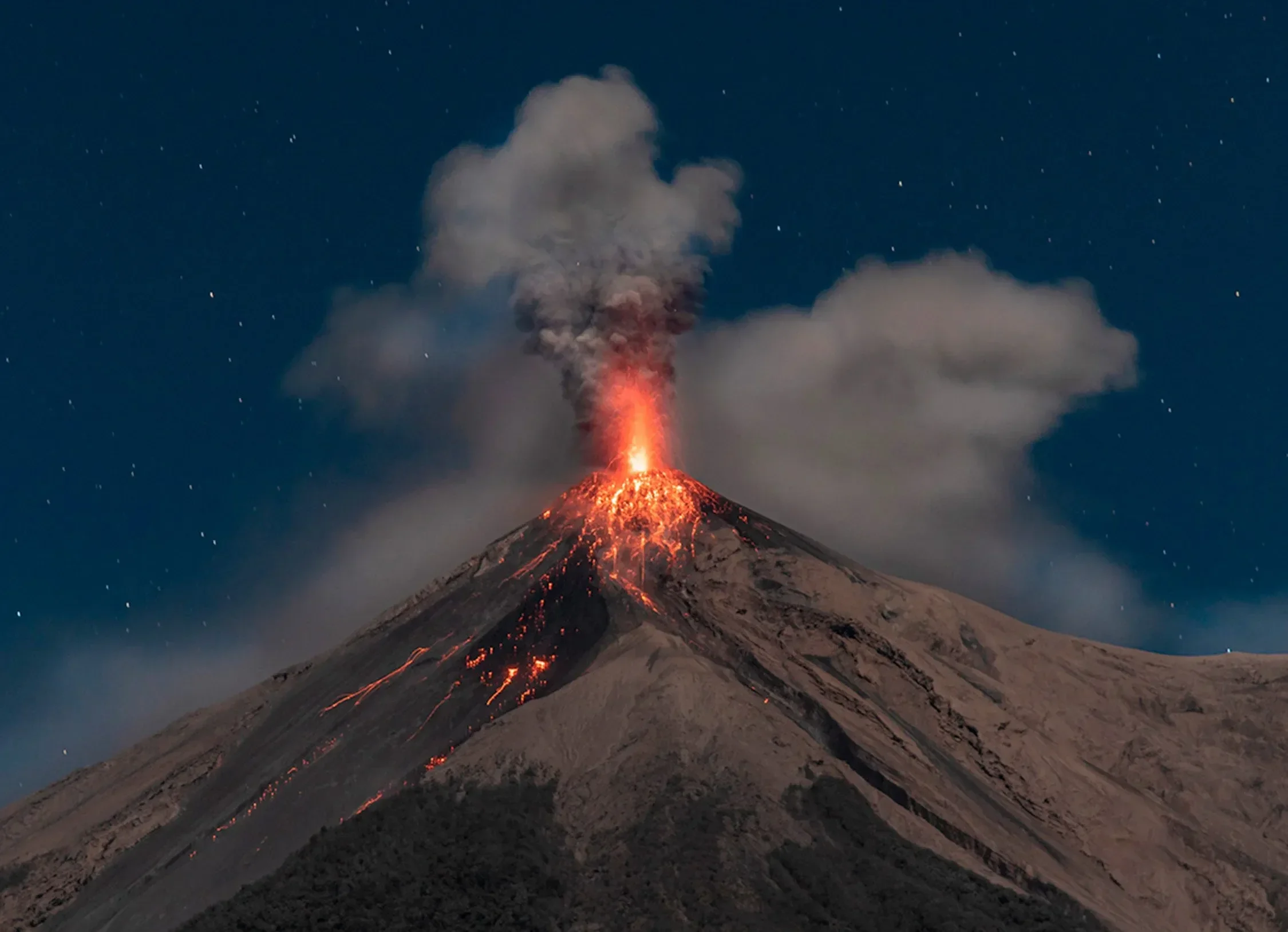 Erupting volcano Fuego at night.