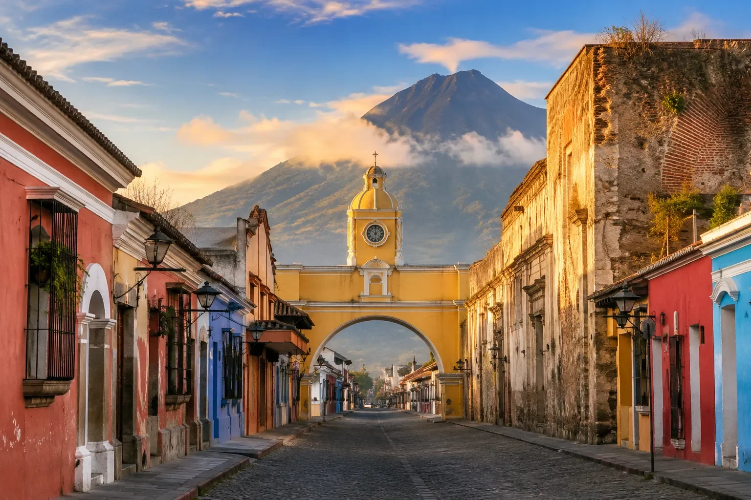 Colorful street with colonial-style buildings and a yellow clock tower archway, with a volcano in the background during sunrise or sunset.