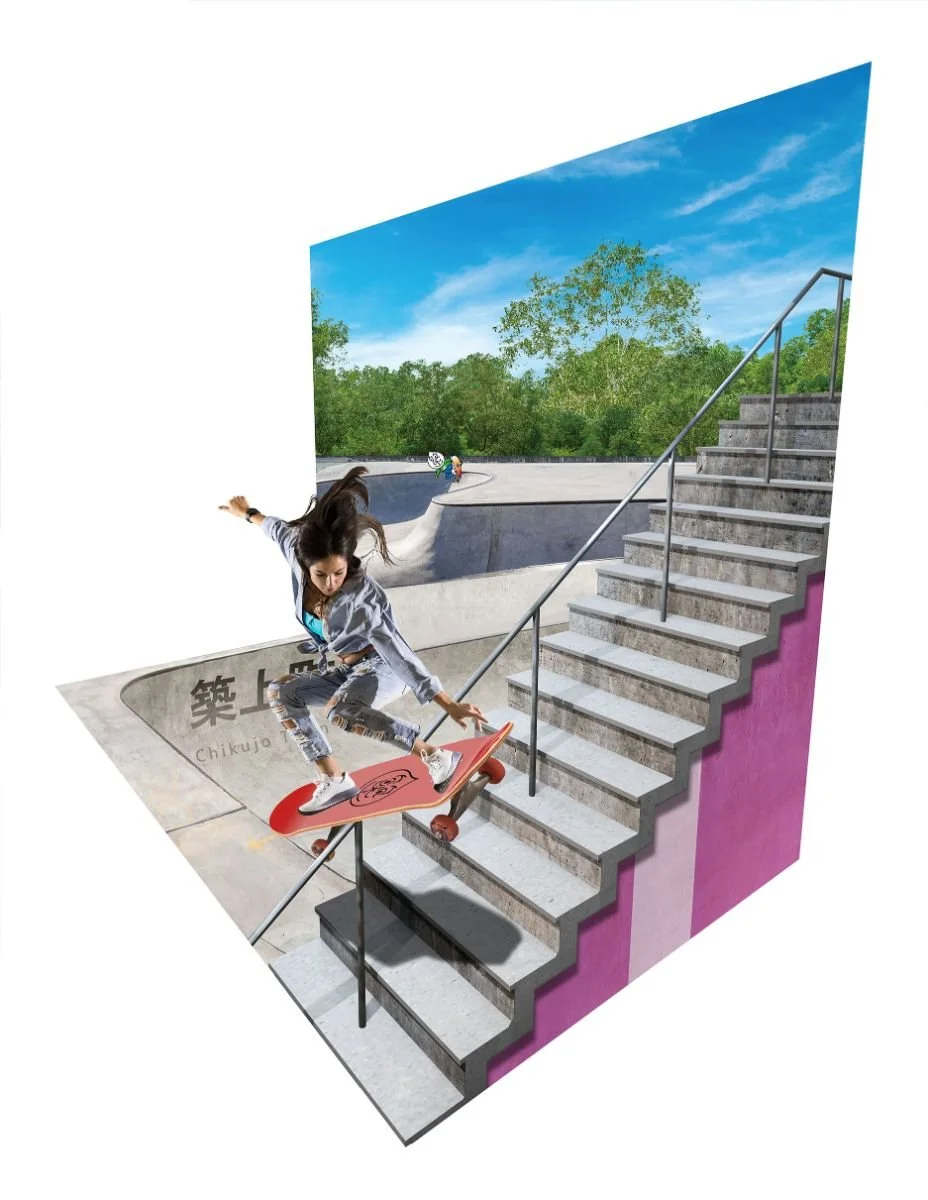 Wall-and-floor 3D illusion art: a skateboarder appears to ride down a staircase