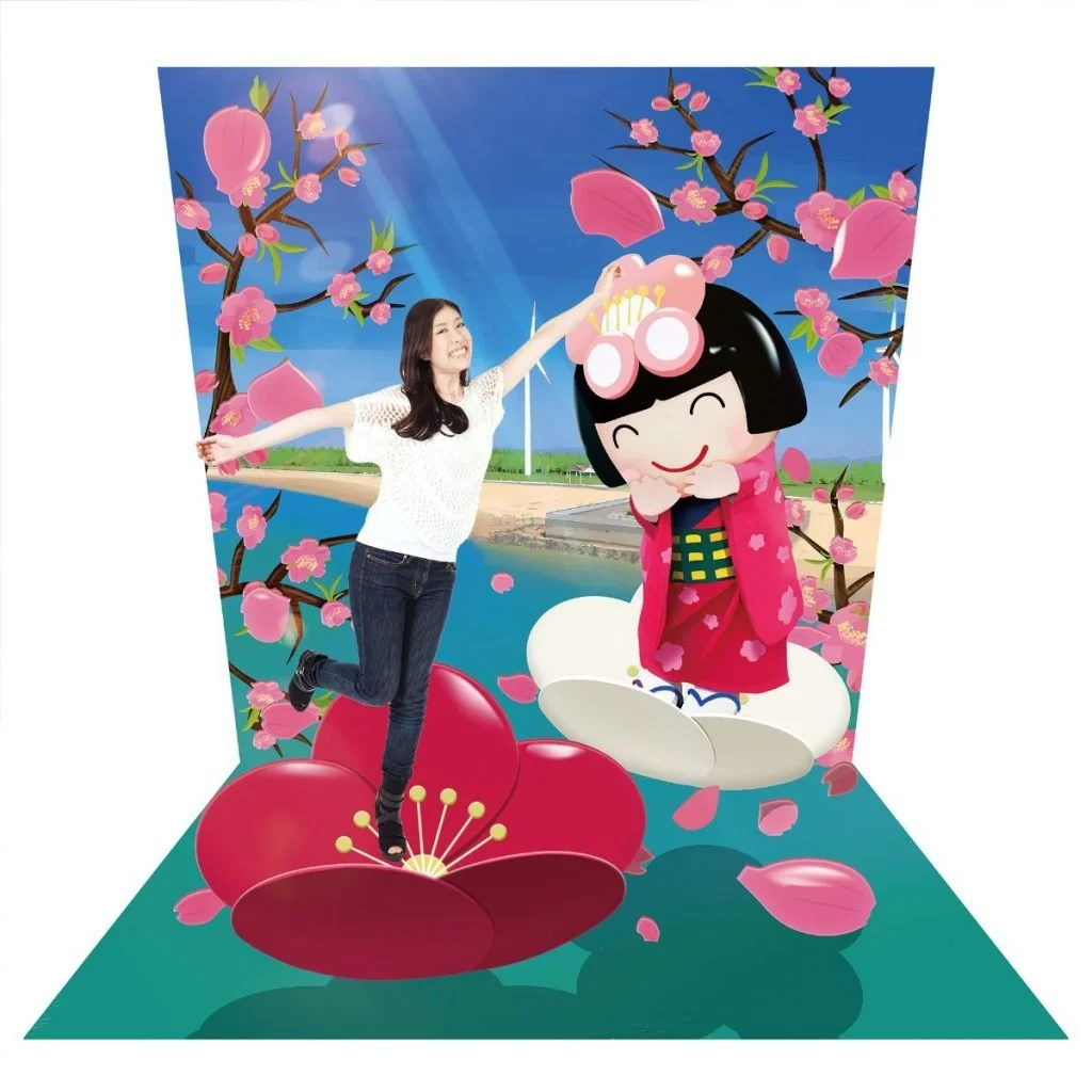 Seasonal cherry-blossom photo spot with an original character (Japan)
