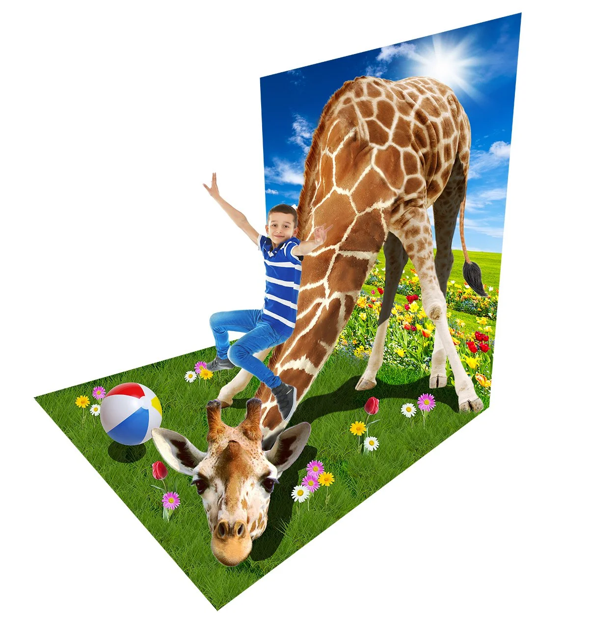 Wall-and-floor illusion: slide down a giraffe's neck (Japan)