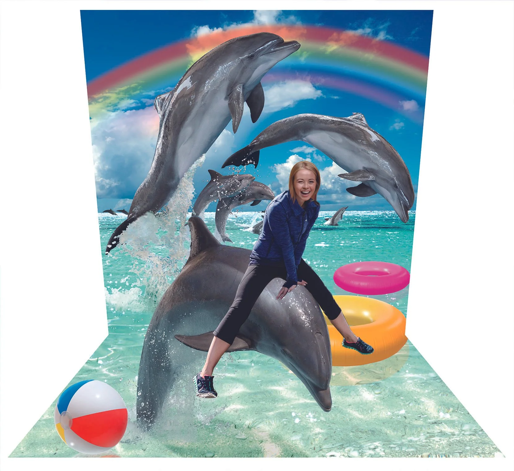 Wall-and-floor illusion: ride a dolphin under a rainbow (Japan)