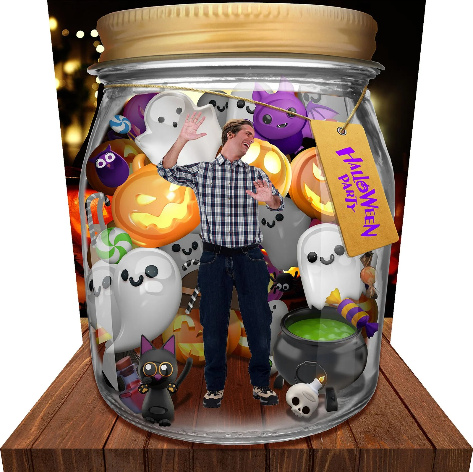 Halloween photo spot: trapped inside a giant candy jar with ghosts and pumpkins (Japan)