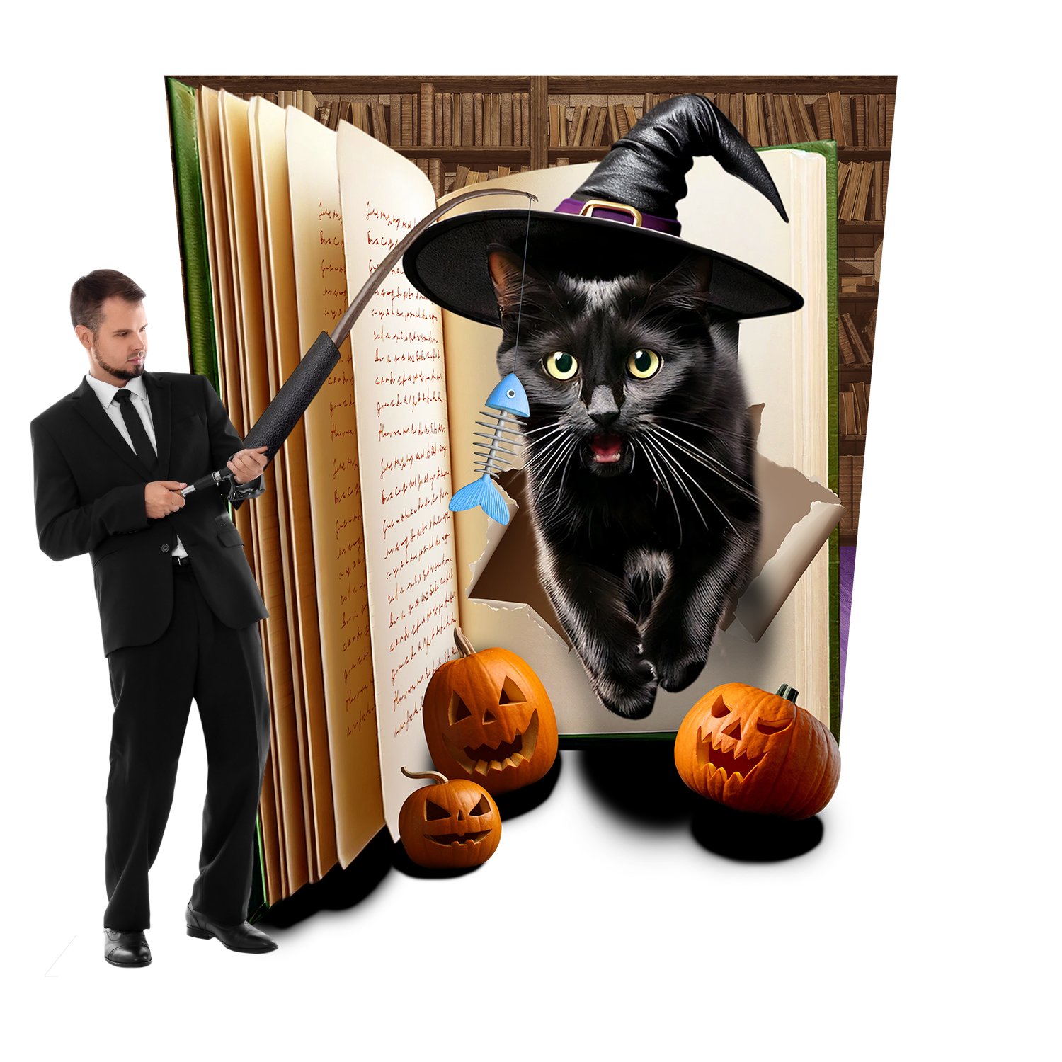 Halloween photo spot: a black cat leaps out of a giant spell book (Japan)
