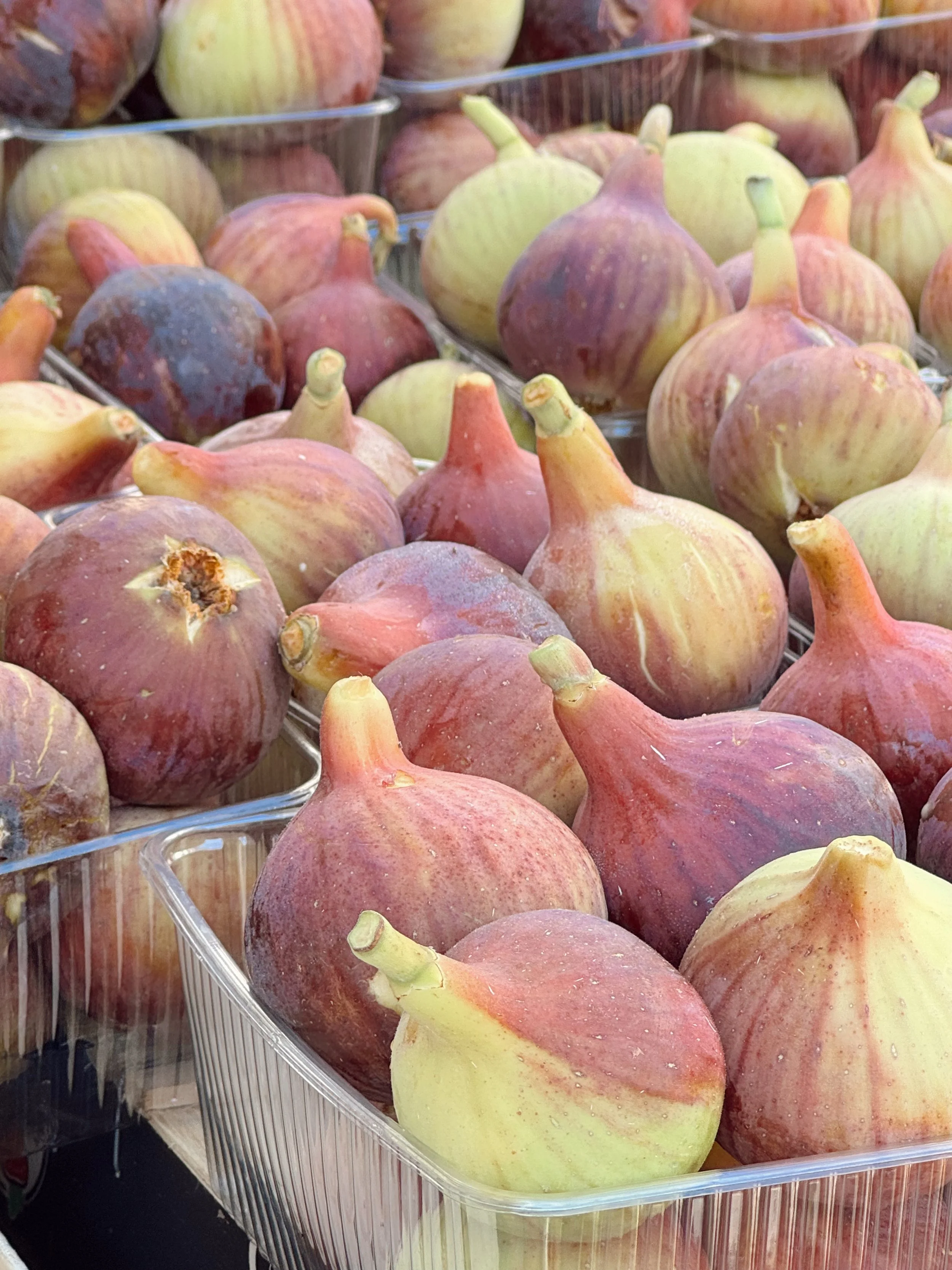 A close-up of several figs in a clear plastic container at a market. The figs are various shades of purple, green, and pink.