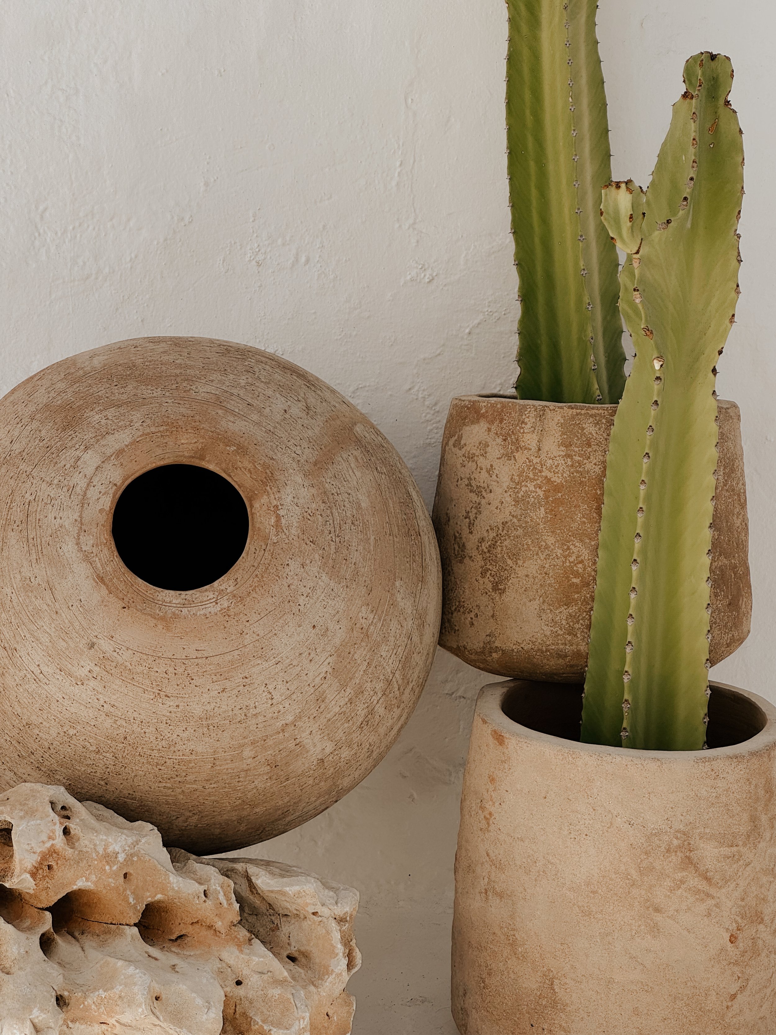 A collection of three potted plants, including a tall cactus, a textured ceramic pot, and a bunch of rocks, arranged against a light-colored wall.