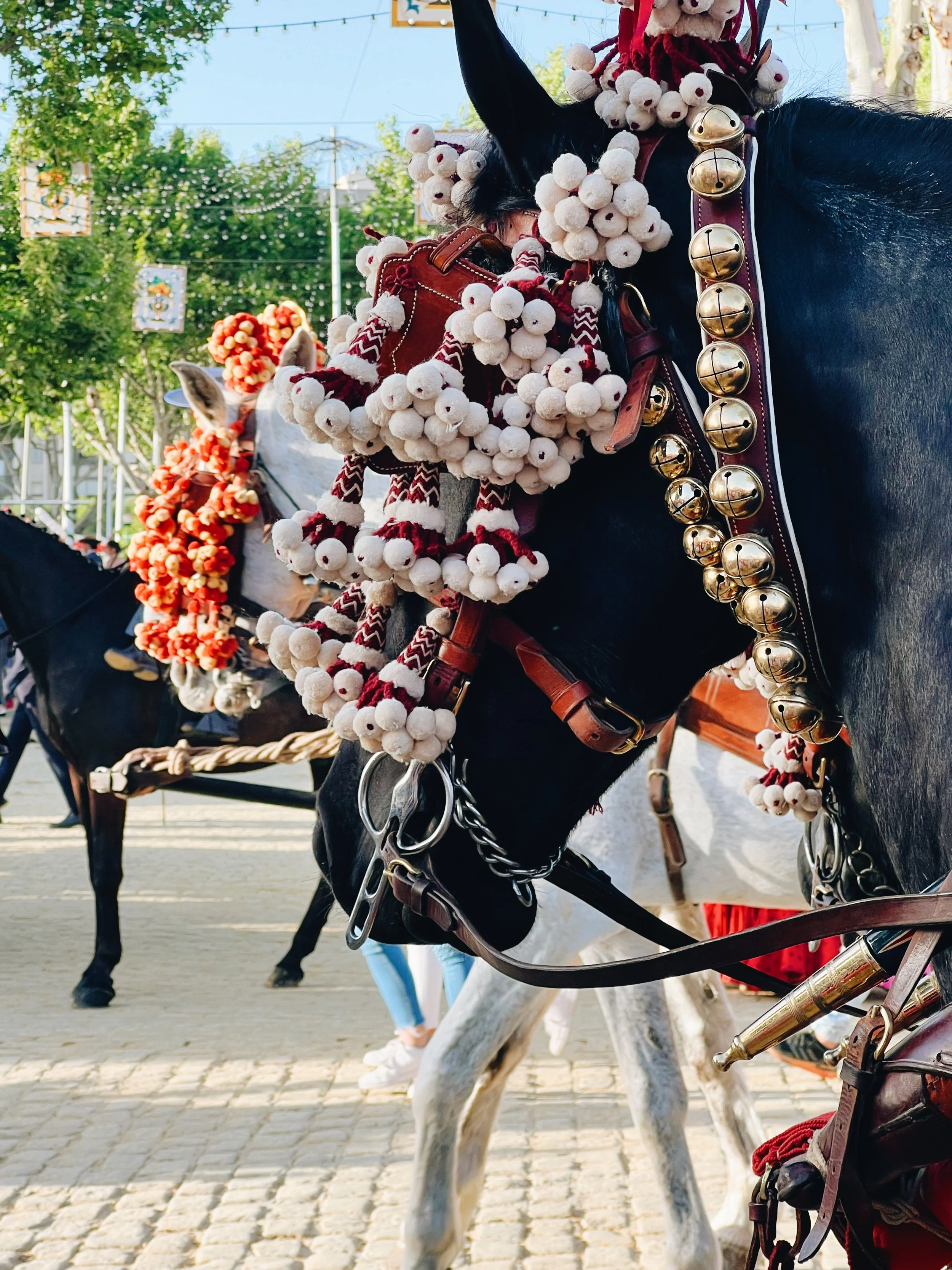 Close-up of a decorated horse with colorful pom-poms and bells, part of a parade or festival, with trees and people in the background.