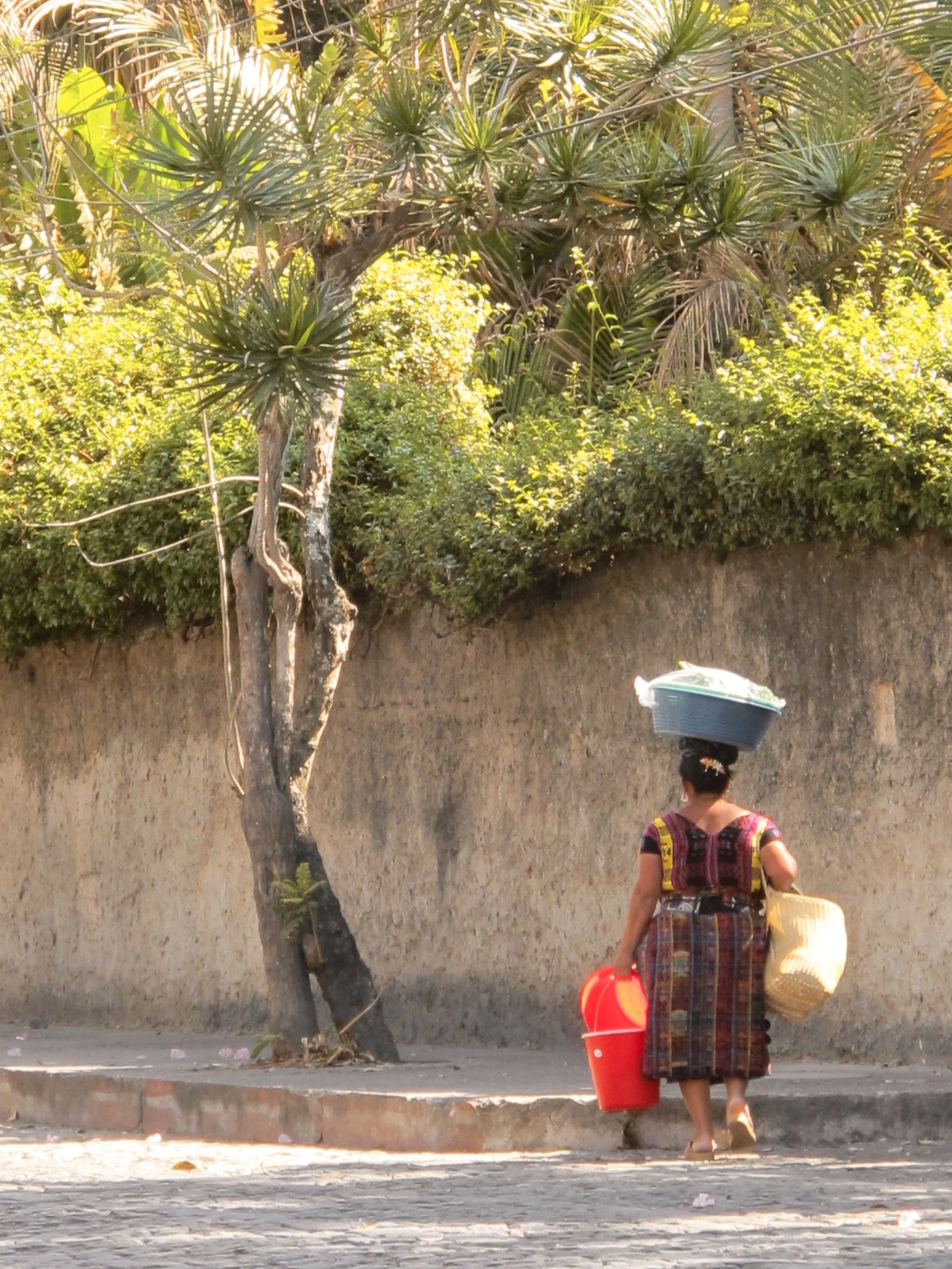 A woman dressed in traditional Mesoamerican attire carrying various buckets and baskets, walking past a wall with a tree and some greenery in the background.