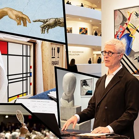 Doug Woodham delivering a talk in front of a collage of various artwork