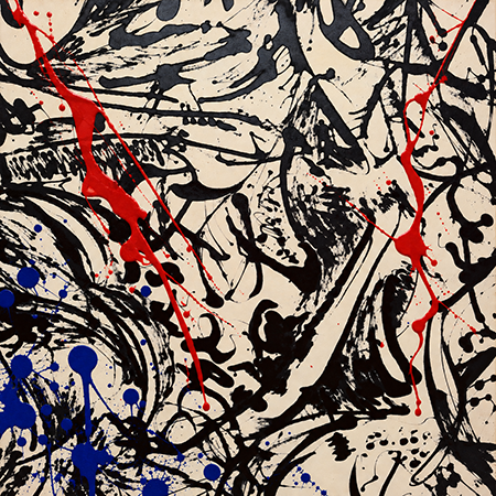 Abstract expressionist painting with black, red, and blue paint splatters and brushstrokes on a beige background.