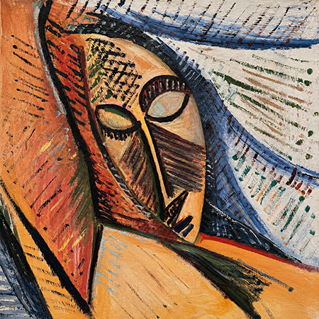 Detail of a  Picasso painting of an abstracted head with a raised arm