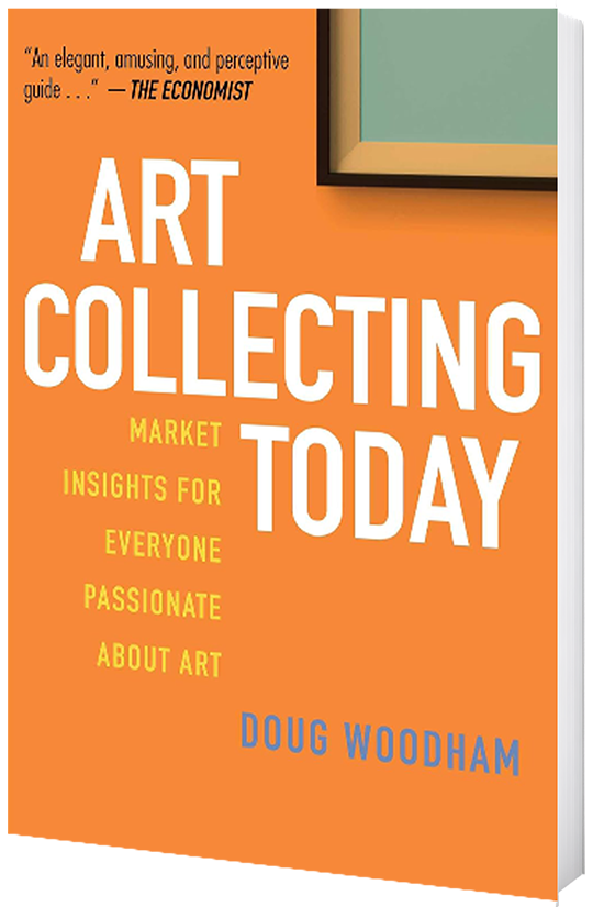 Book cover titled 'Art Collecting Today' by Doug Woodham with an orange background and a framed artwork in the top right corner.