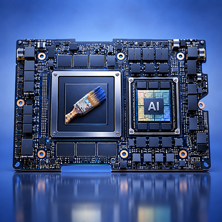 A computer motherboard with a paintbrush resting on the CPU socket and an AI chip nearby.