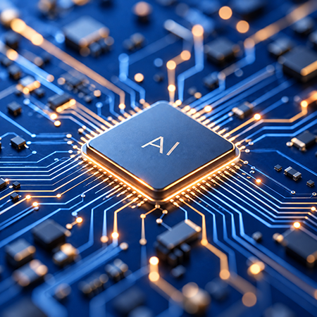 Close-up of a computer chip labeled 'AI' with circuitry and electronic components on a circuit board.