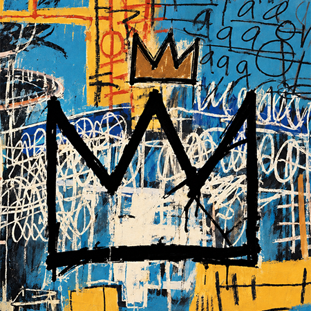 Detail of a Basquiat painting showing his signature crown motif.