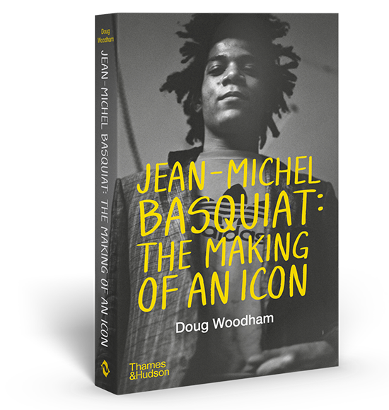 Book cover titled 'Jean-Michel Basquiat: The Making of an Icon' by Doug Woodham, featuring a black-and-white photograph of Jean-Michel Basquiat.