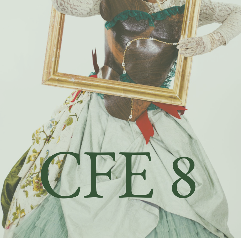 Fashion editorial portrait of a person in vintage-inspired clothing holding a gold picture frame over their face, with large green CFE8 text overlay