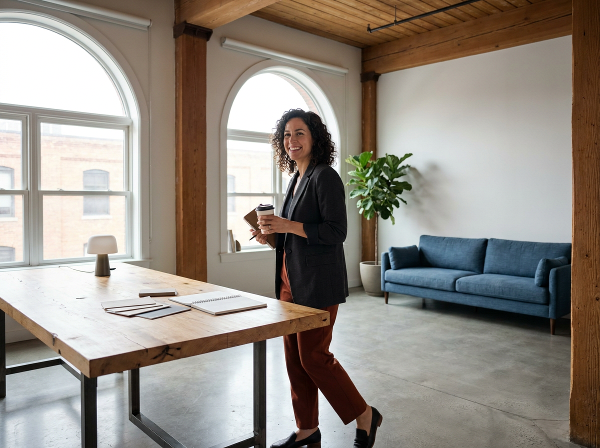 Smiling businesswoman holding coffee in a modern loft office with a wooden table, arched windows, and blue sofa