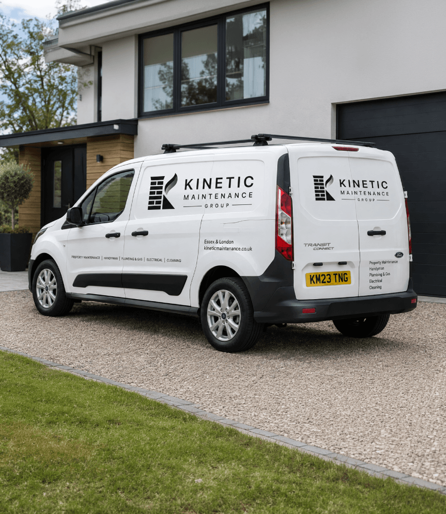 White maintenance van parked in front of a modern house, with company logo and contact information on the side.