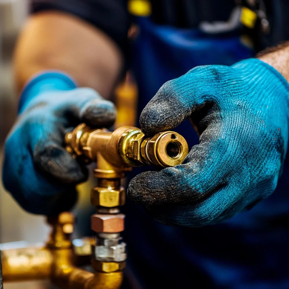 A worker's gloved hands assembling or repairing a brass valve or fitting with various metal parts.