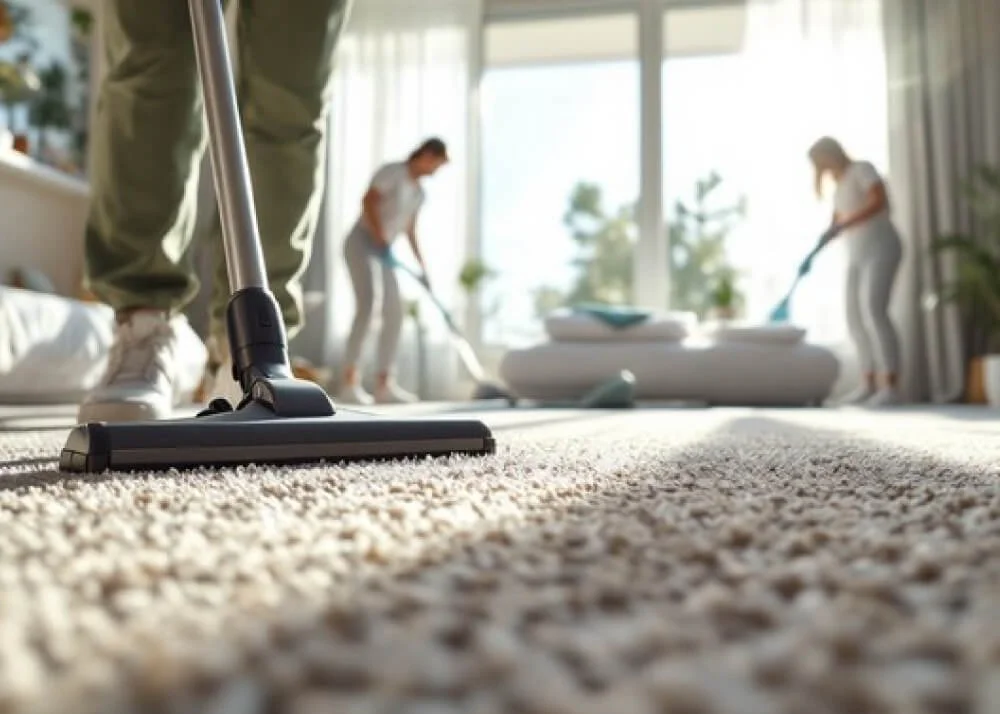People vacuuming a bright living room with large windows, curtains, and potted plants.