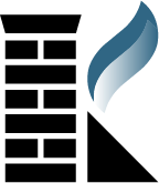 A plain white background with a black flame logo featuring a blue and white flowing flame inside it.