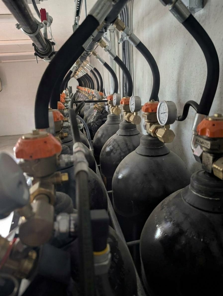 Several large black cylinders connected to metal pipes and gauges in an industrial setting.