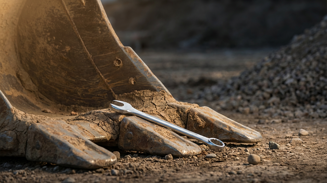 A small silver wrench resting on the dirt inside a large, worn excavator bucket at a construction site.