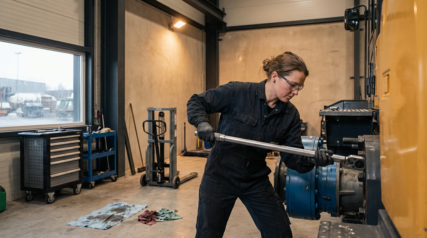 A woman in black work overalls and safety glasses working on a large yellow industrial machine with a long tool in a workshop, with tools and equipment in the background.