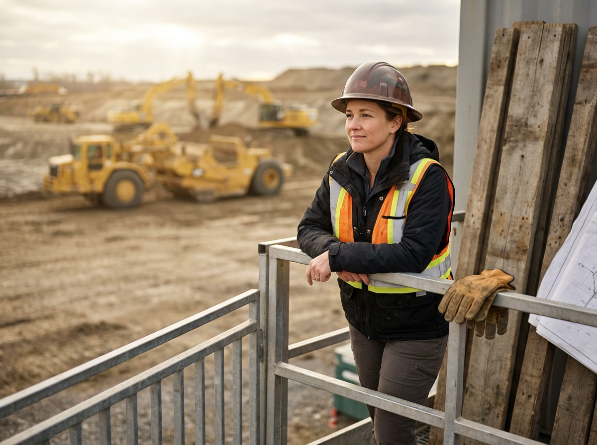 A female construction worker in a safety vest and helmet leaning on railing of a construction site, with heavy machinery and dirt in the background.