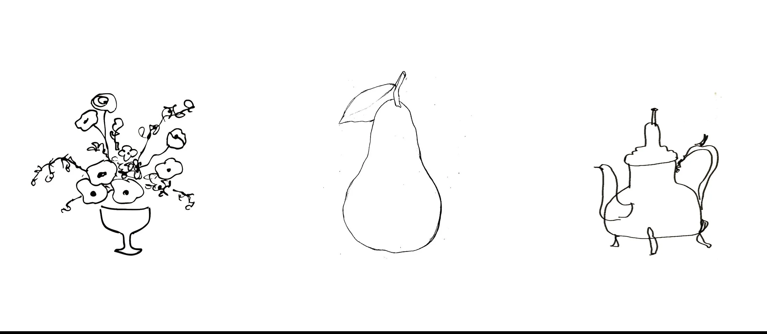 Line drawing of three objects: a vase with flowers on the left, a pear with a leaf in the middle, and a teapot on the right.
