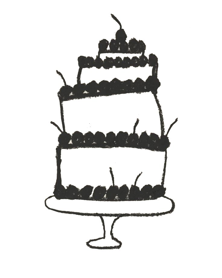 Black and white sketch of a three-tiered birthday cake with candles on top, decorated with what appears to be berries or fruit.