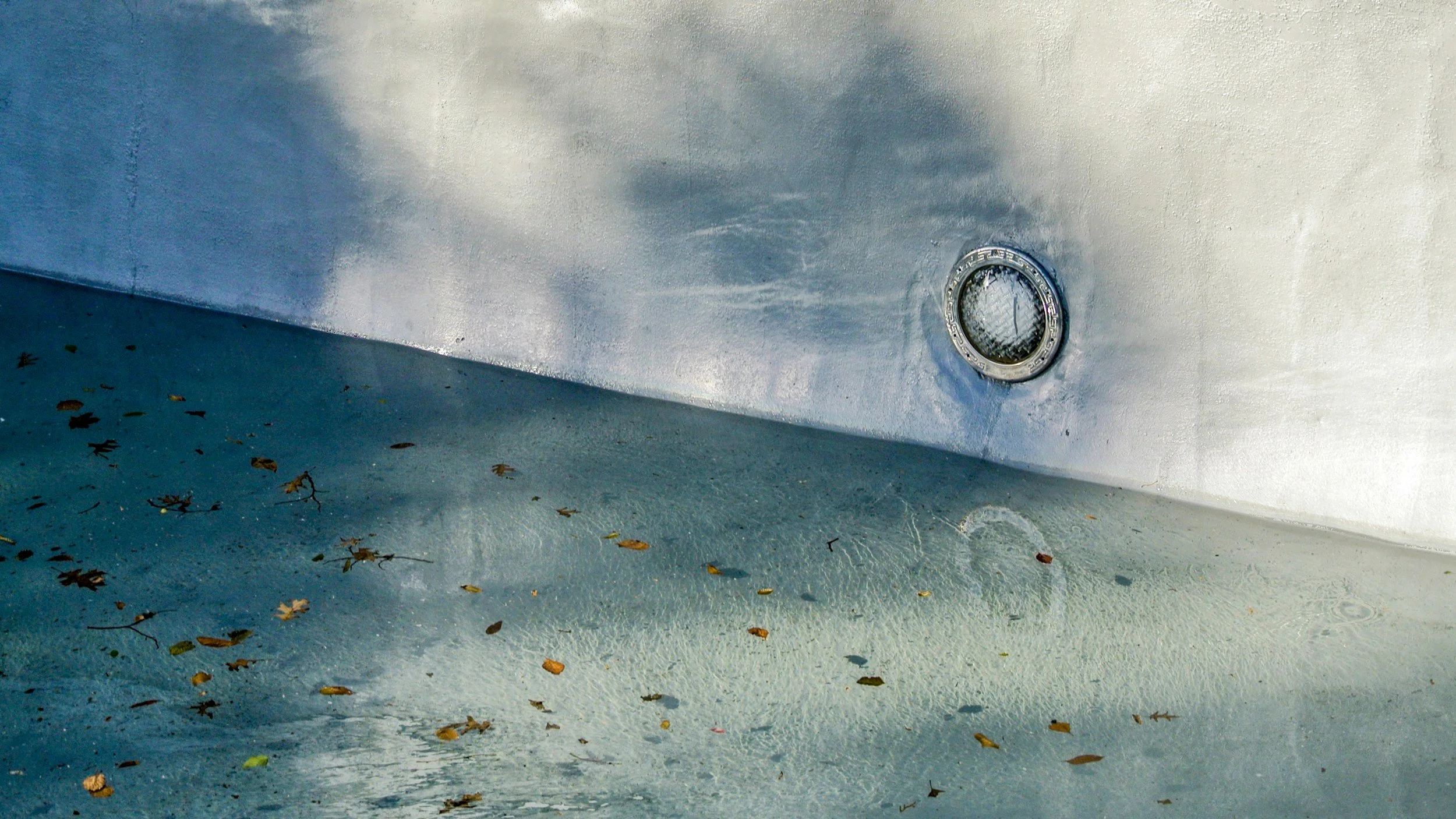 An empty swimming pool with a drain covered by a metal grate, scattered leaves on the bottom, and a smooth, curved wall.