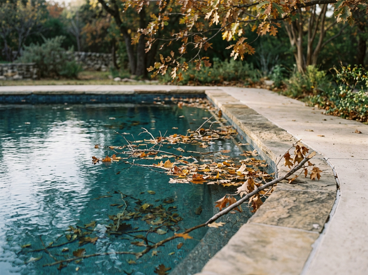 Fallen autumn leaves on the edge of a swimming pool with trees and shrubs in the background.