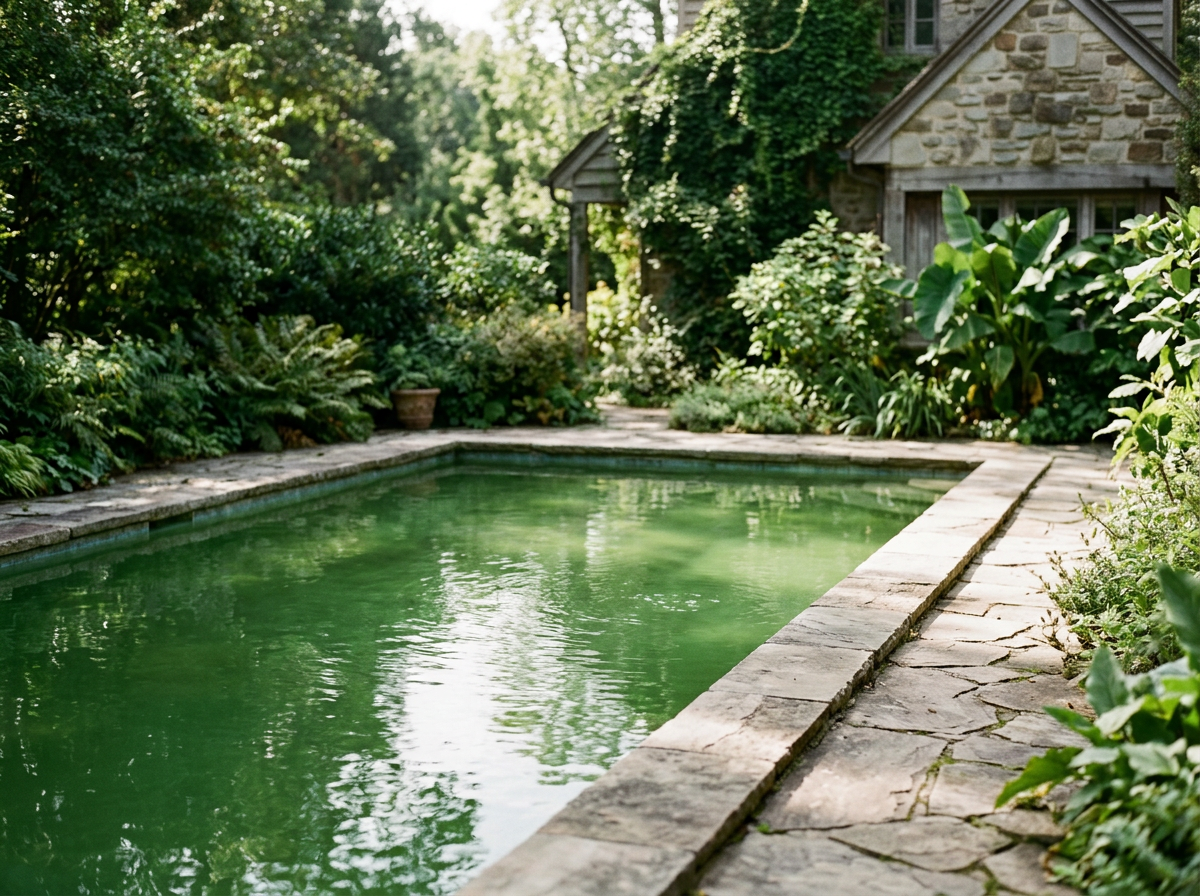 A rectangular swimming pool surrounded by lush green plants and trees in a garden, with a stone pathway along one side and a stone house in the background.