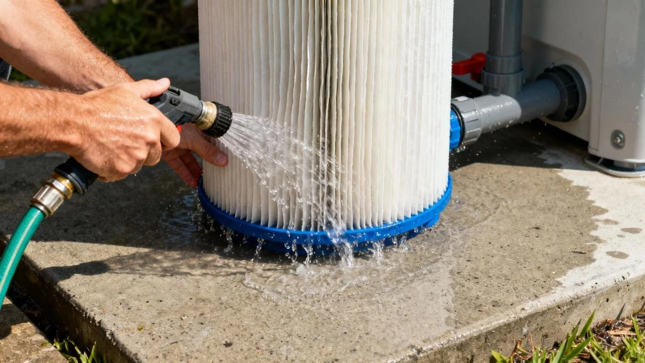 A person using a hose to rinse a large pool filter on a concrete surface outside.