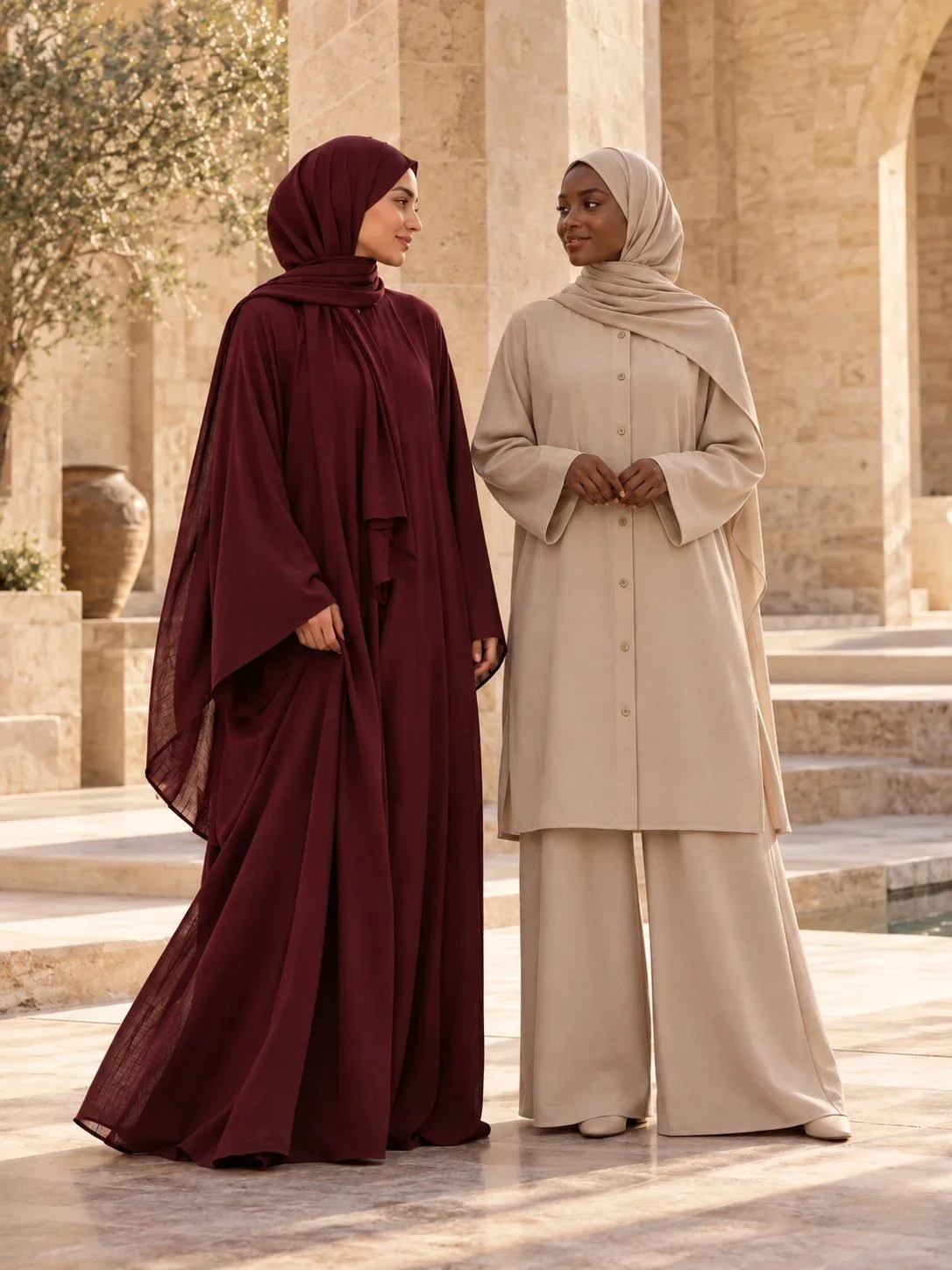 Dos mujeres: una con abaya burdeos y otra con túnica abotonada y pantalón amplio color arena, ambas con hijab.