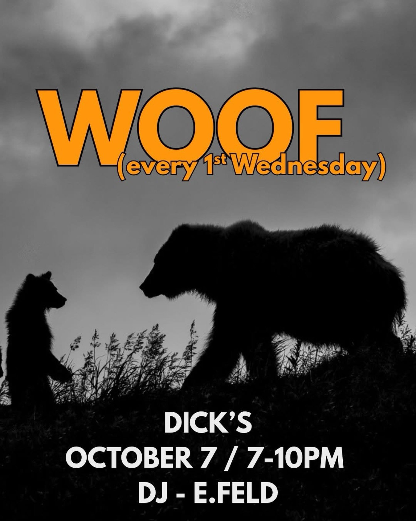 TONIGHT!

WOOF // October 7 // 7-10PM // Dick&rsquo;s on Arenas // DJ @dj_e.feld 

The desert&rsquo;s only monthly 🐻 party is for bears, chubs, cubs, chasers, admirers, dads, locals, tourists, and anyone in town for Western Exposure.

No cover. Drin