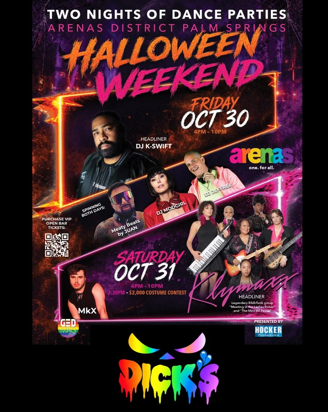 THIS WEEKEND IS GOING TO BE SICK! Dancing in the streets for Halloween and dancing in the sheets for Leather Pride Weekend. Kick it off at Dick&rsquo;s on Arenas where there&rsquo;s never a cover charge 🌈 #mlm 301 E. Arenas Road, Palm Springs, CA, U