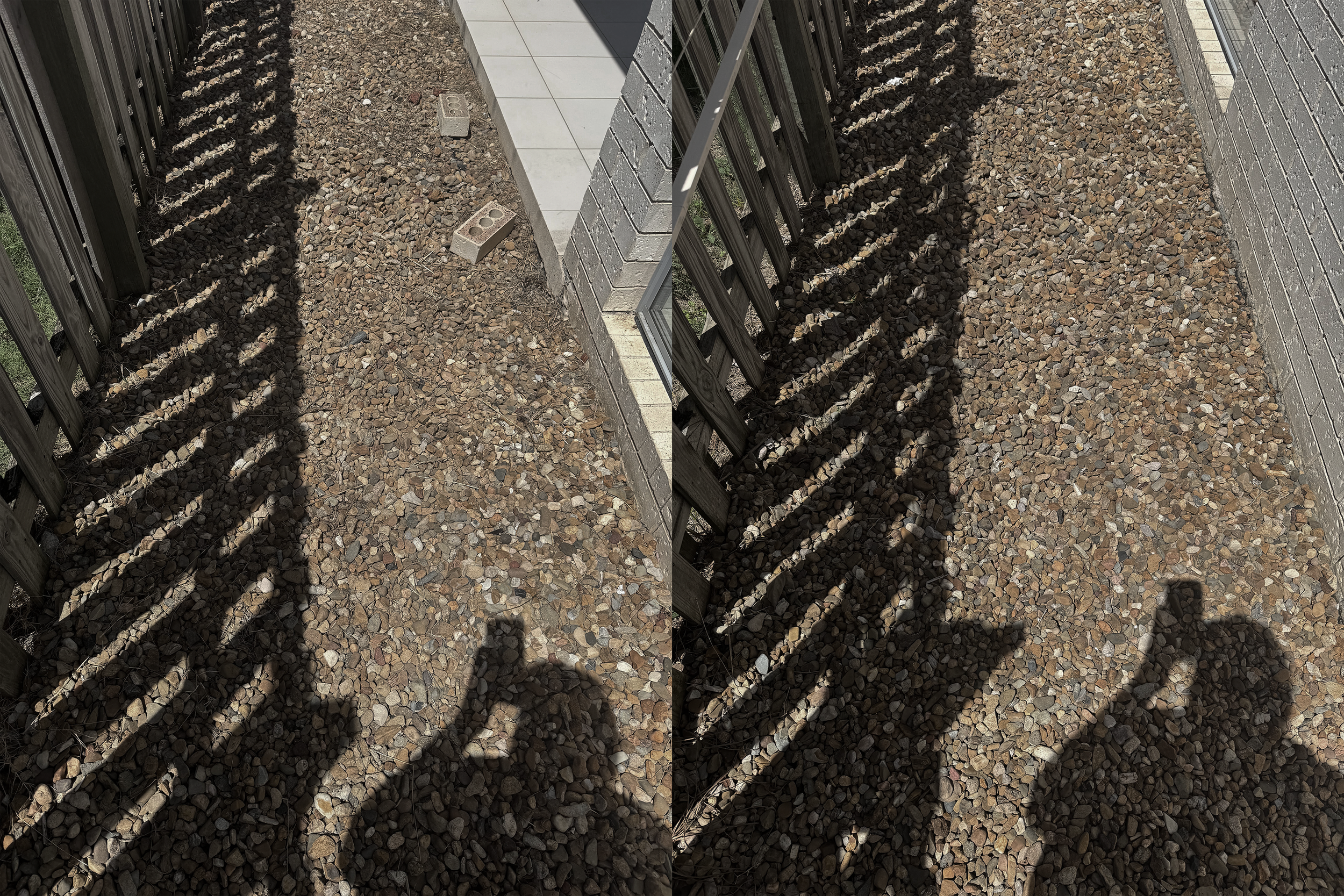Side-by-side comparison of a backyard fence with gravel on the ground, showing shadows cast by the fence. The left side has a section of wooden fence, gravel, and part of a concrete block, while the right side shows a section of brick wall, gravel, and a shadow of the fence.