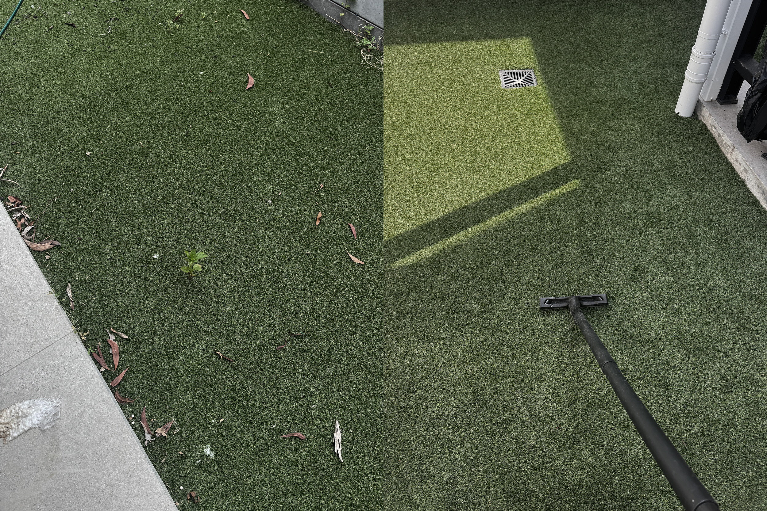 A green artificial grass lawn being cleaned with a leaf blower, with fallen leaves scattered across it.