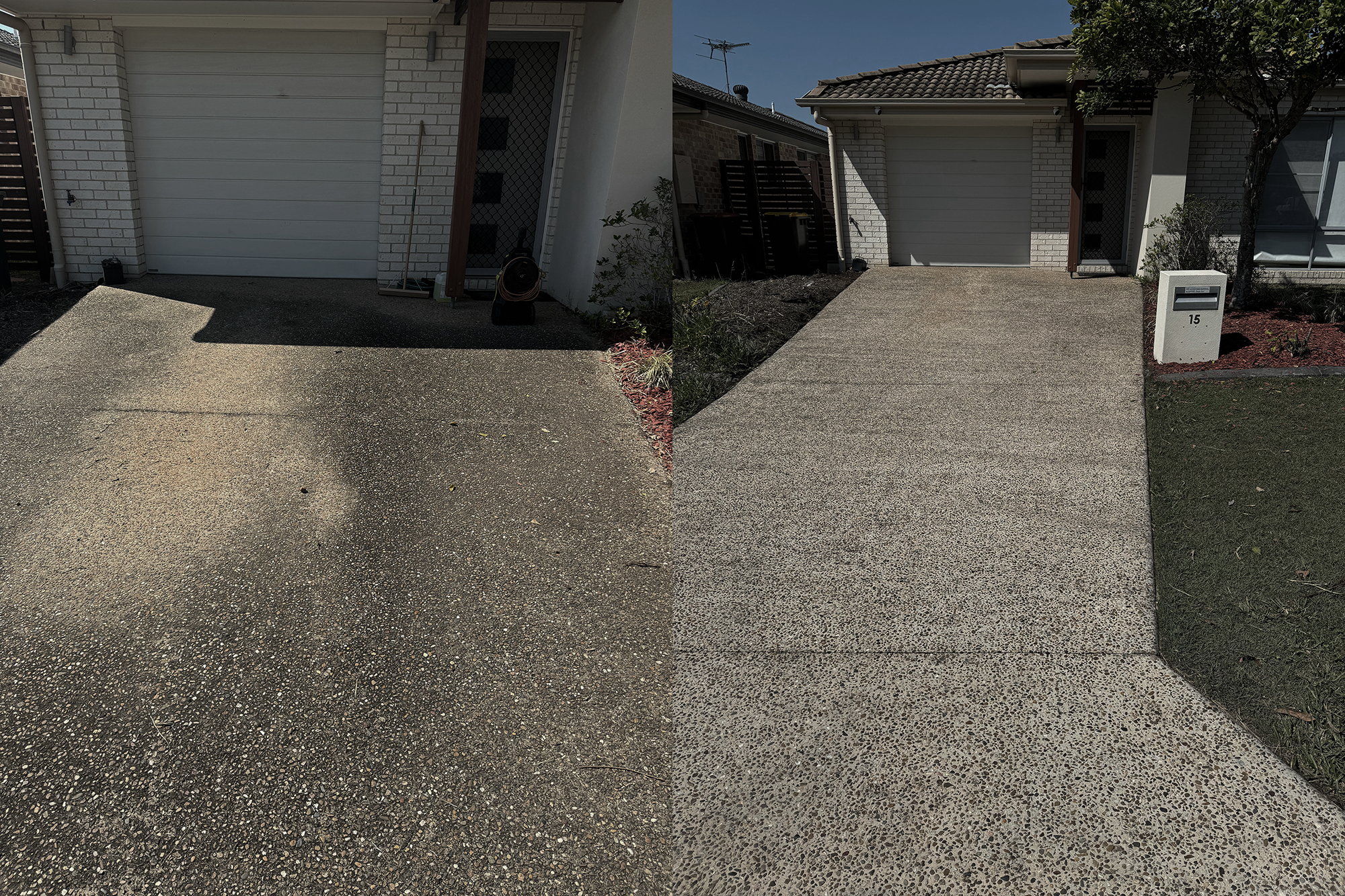 Comparison photo of a house driveway and entrance area before and after renovation, showing a cleaned and sealed concrete driveway and porch in the after image.