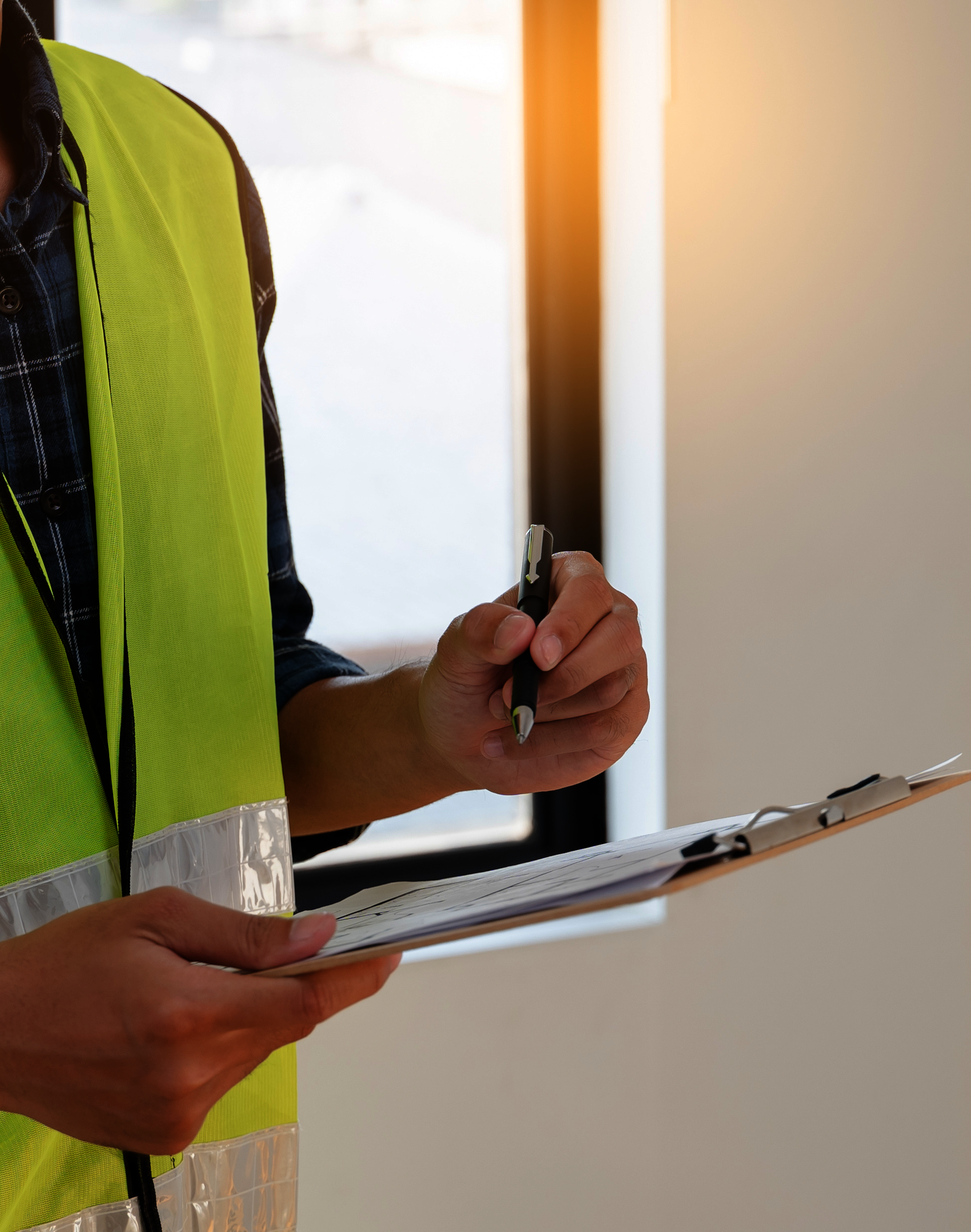 A person wearing a yellow safety vest and a dark plaid shirt holding a clipboard with papers and a pen, standing indoors near a window with sunlight.